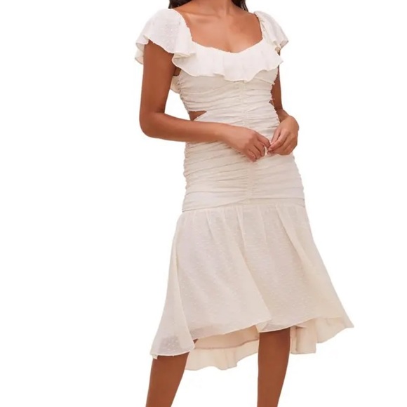 ASTR Ivory Cream Off White Swiss Dot Textured Ruched Ruffle Cut Out Midi Dress - Picture 17 of 17